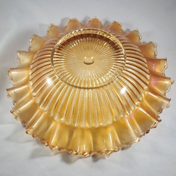 Vtg Northwood Carnival Glass Bowl Opalescent Orange Peach Ruffled Ribbed Pattern - Picture 4 of 9